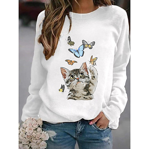 

Women's Hoodie Sweatshirt Cat Graphic Butterfly Daily Basic Casual Hoodies Sweatshirts Blushing Pink White
