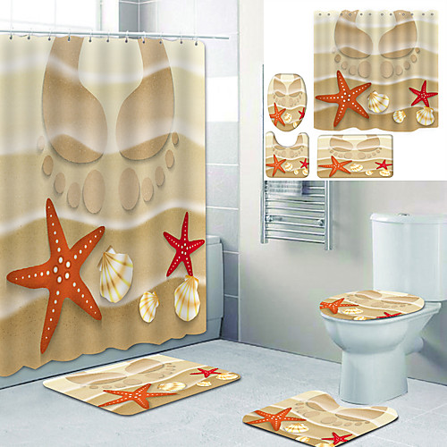 

Beach Footprints Printed Bathtub Curtain Liner Covered With Waterproof Fabric Shower Curtain For Bathroom Home Decoration With Hook Floor Mat And Four-piece Toilet Mat