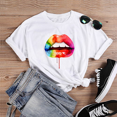 

Women's T shirt Rainbow Lips Print Round Neck Tops 100% Cotton Basic Basic Top White