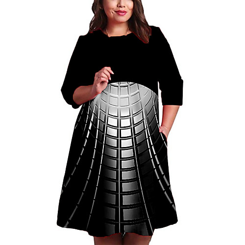 

Women's Shift Dress Knee Length Dress Black 3/4 Length Sleeve Geometric Print Spring Summer Round Neck Casual Going out Loose 2021 XXL 3XL 4XL 5XL 6XL / Plus Size