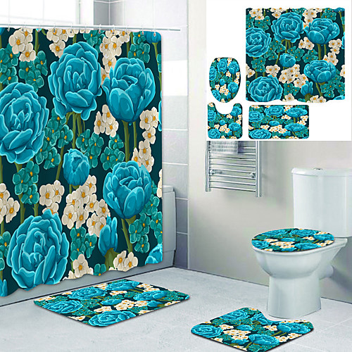 

Beautiful Flowers Printed Bathtub Curtain Liner Covered With Waterproof Fabric Shower Curtain For Bathroom Home Decoration With Hook Floor Mat And Four-piece Toilet Mat