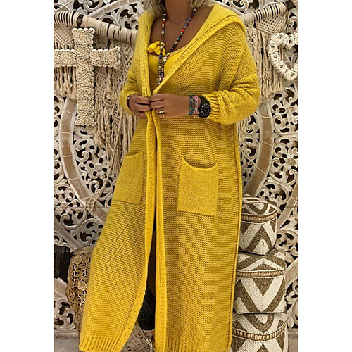 

Women's Sweater Coat Work Fall & Winter Long Coat Loose Vintage Jacket Long Sleeve Solid Colored Patchwork Yellow Green