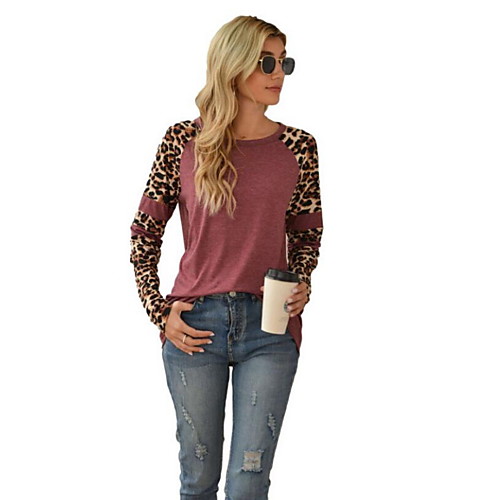 

Women's T shirt Leopard Long Sleeve Round Neck Tops Basic Basic Top Black Wine Gray