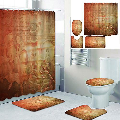 

Retro Christmas Printed Bathtub Curtain Liner Covered With Waterproof Fabric Shower Curtain For Bathroom Home Decoration With Hook Floor Mat And Four-piece Toilet Mat