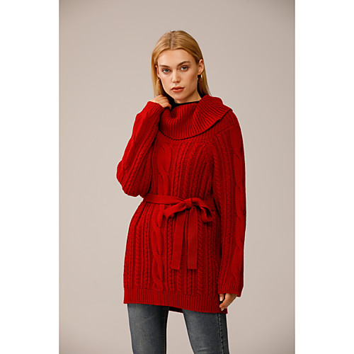 

Women's Knitted Solid Color Pullover Long Sleeve Sweater Cardigans Cowl Fall Winter Red