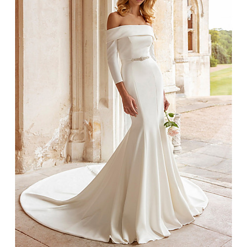 

Mermaid / Trumpet Wedding Dresses Off Shoulder Court Train Satin 3/4 Length Sleeve Country Simple Vintage with Sashes / Ribbons 2021