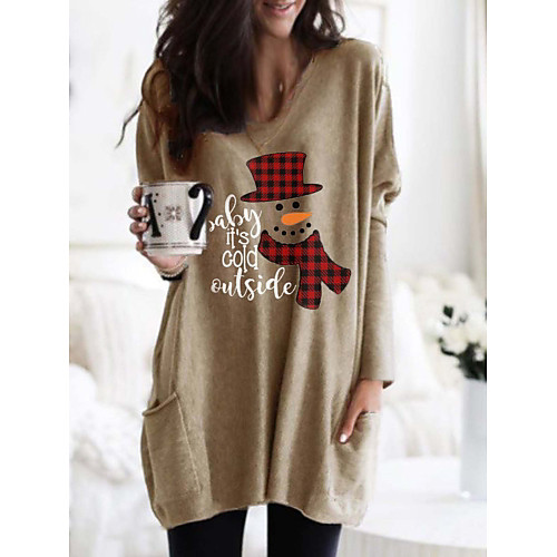 

Women's T Shirt Dress Tee Dress Knee Length Dress Gray Green Beige Long Sleeve Print Letter Pocket Print Fall Winter V Neck Casual Christmas 2021 S M L XL XXL 3XL / Cotton / Plus Size / Plus Size
