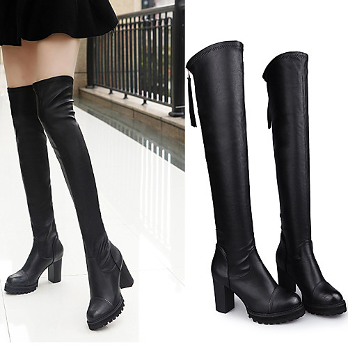 

Women's Boots Chunky Heel Round Toe Thigh High Boots Daily PU Winter Black