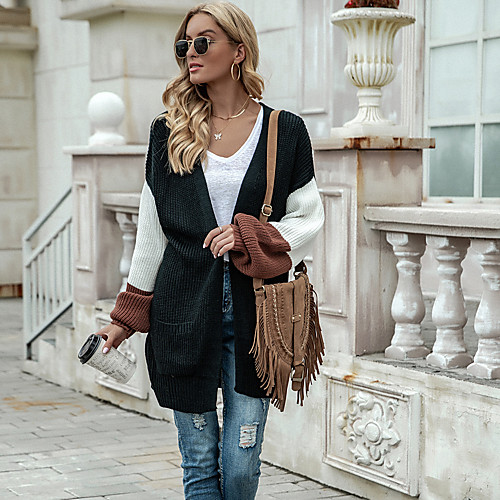

Women's Sweater Coat Going out Spring & Fall Long Coat V Neck Regular Fit Streetwear Jacket Long Sleeve Color Block Black