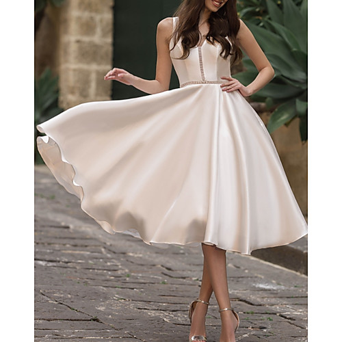

A-Line Wedding Dresses V Neck Knee Length Satin Sleeveless Simple Vintage Little White Dress 1950s with 2021