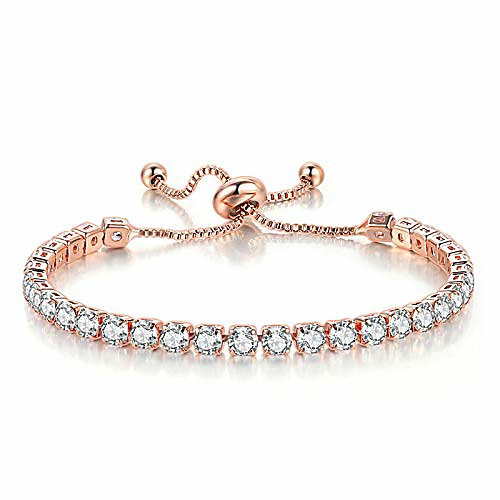 

tennis bracelets for women white gold plated diamond aaa cubic zirconia cz dainty classic adjustable slider bracelet silver fashion jewelry wedding gift (rose gold)