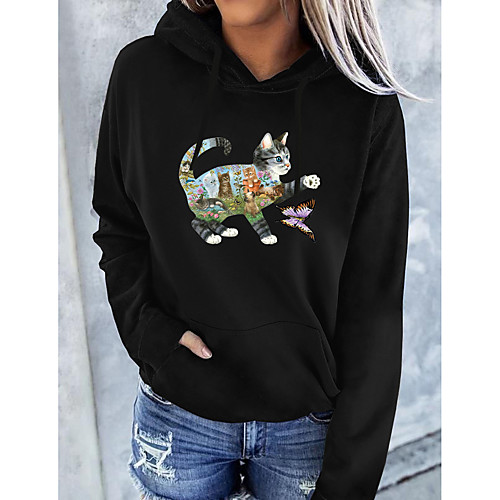 

Women's Hoodie Pullover Cartoon Cat Graphic Front Pocket Print Daily Basic Casual Hoodies Sweatshirts White Black