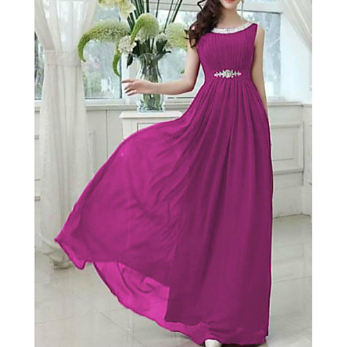 

A-Line Jewel Neck Floor Length Chiffon Bridesmaid Dress with Crystals
