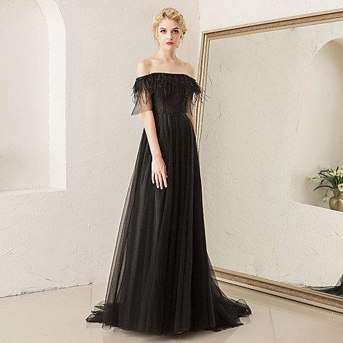 

A-Line Elegant Vintage Wedding Guest Prom Dress Off Shoulder Half Sleeve Sweep / Brush Train Tulle with Tassel 2021