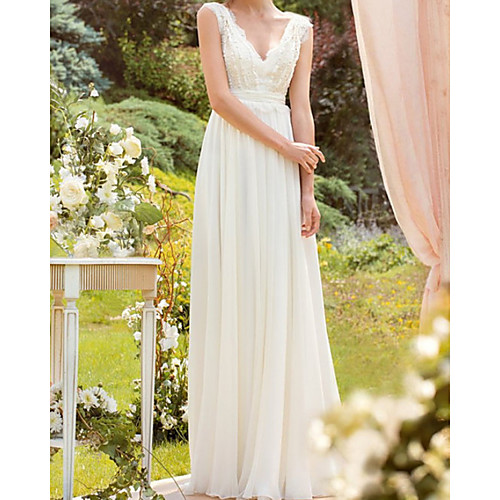 

Sheath / Column Wedding Dresses V Neck Floor Length Chiffon Lace Sleeveless Country Beach with Sashes / Ribbons Appliques 2021