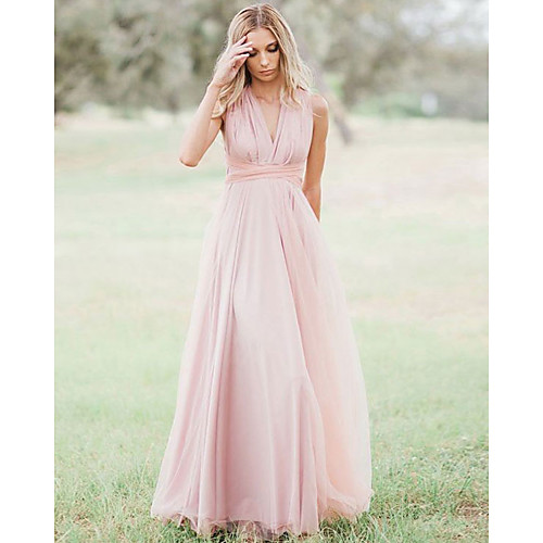 

A-Line V Neck Floor Length Chiffon Bridesmaid Dress with Pleats