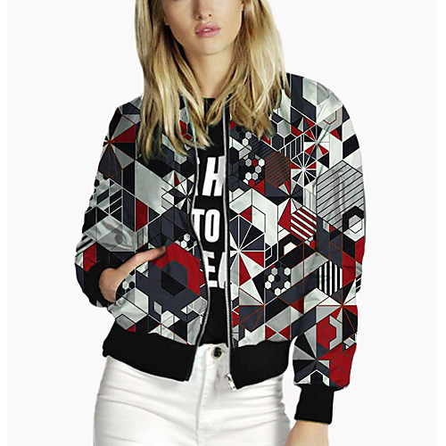 

Women's Jacket Sport Spring & Fall Regular Coat Stand Collar Regular Fit 3D Print Sporty Jacket Long Sleeve Color Block Patchwork Red / Going out