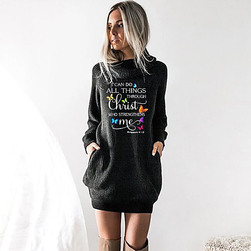 

Women's T shirt Dress Butterfly Graphic Prints Letter Long Sleeve Cowl Neck Tops Black Wine Camel