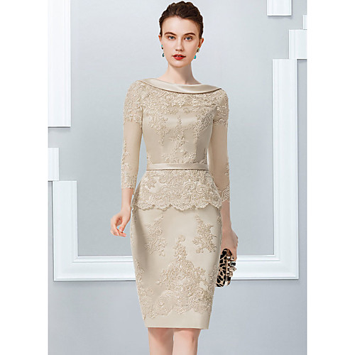 

Sheath / Column Mother of the Bride Dress Elegant Jewel Neck Knee Length Lace Satin 3/4 Length Sleeve with Lace Appliques 2021