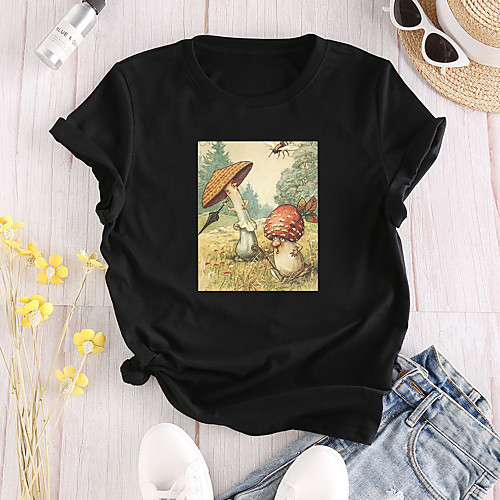 

Women's T shirt Graphic Cartoon Print Round Neck Tops 100% Cotton Basic Basic Top White Black Red