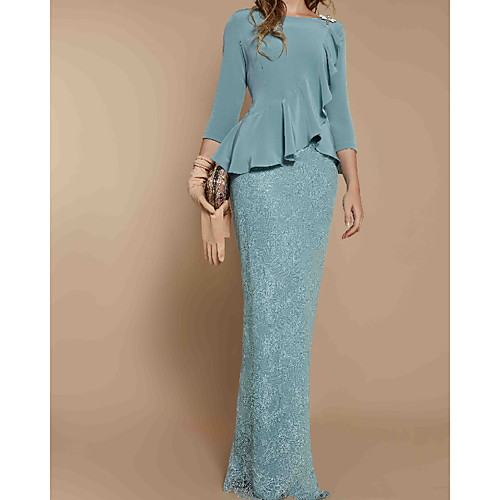 

Sheath / Column Mother of the Bride Dress Elegant Jewel Neck Floor Length Lace Stretch Satin Long Sleeve with Ruffles 2021