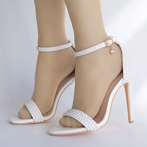 

Women's Wedding Shoes Pumps Open Toe Wedding Pumps Business Sexy Minimalism Wedding Party & Evening PU Pearl Imitation Pearl Buckle Solid Colored White