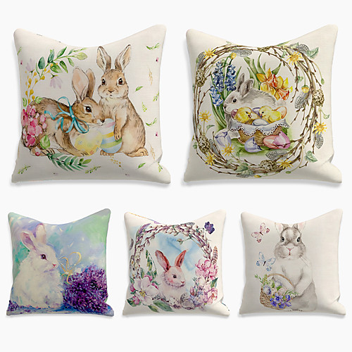 

Happy Easter Happy Easter Cushion Cover 5PC Faux Linen Soft Decorative Square Throw Pillow Cover Cushion Case Pillowcase for Sofa Bedroom 45 x 45 cm (18 x 18 Inch) Superior Quality Machine Washable