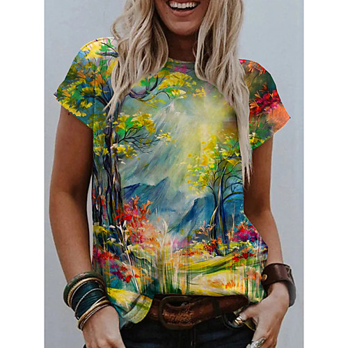 

Women's Painting T shirt Plants Graphic 3D Print Round Neck Basic Tops Green