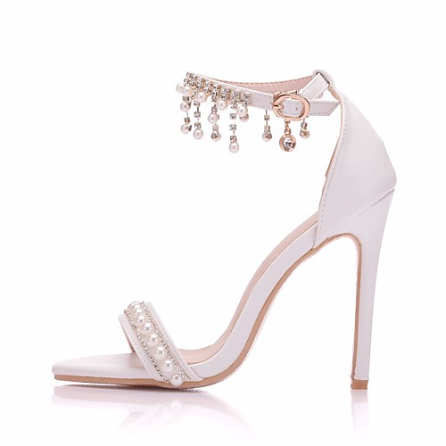 

Women's Wedding Shoes Pumps Open Toe Wedding Sandals Business Sexy Minimalism Wedding Party & Evening PU Pearl Buckle Tassel Solid Colored White