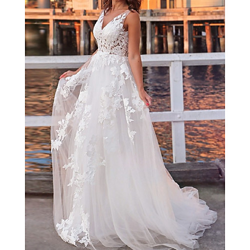 

A-Line Wedding Dresses V Neck Sweep / Brush Train Lace Tulle Sleeveless Country Romantic Beach with Appliques 2021