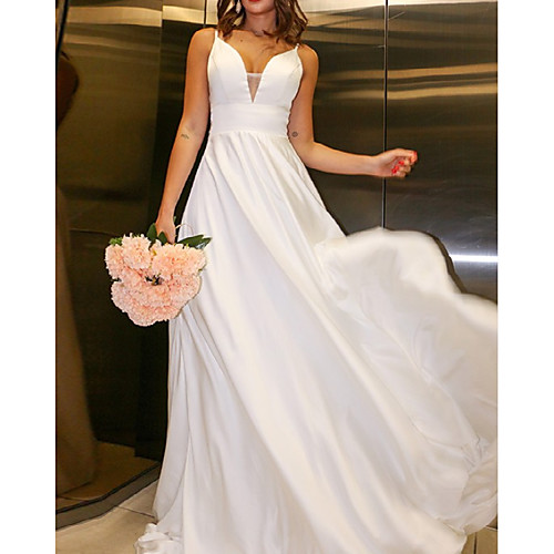 

A-Line Wedding Dresses V Neck Sweep / Brush Train Chiffon Charmeuse Sleeveless Simple Beach with Lace Pleats 2021