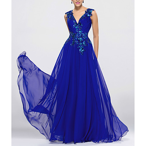 

A-Line Beautiful Back Sparkle Wedding Guest Formal Evening Dress V Neck Sleeveless Floor Length Chiffon with Sequin Appliques 2021