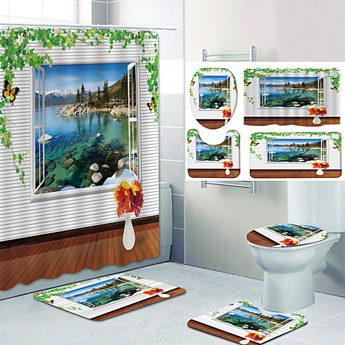 

Bathroom Shower Curtain & Mat Set Classic Polyester Waterproof