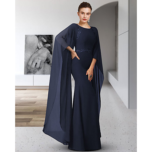 

Sheath / Column Mother of the Bride Dress Elegant Jewel Neck Floor Length Chiffon Long Sleeve with Sash / Ribbon Appliques 2021