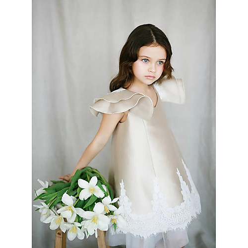 

Princess Knee Length Flower Girl Dresses Party Lace Short Sleeve Jewel Neck with Ruffles