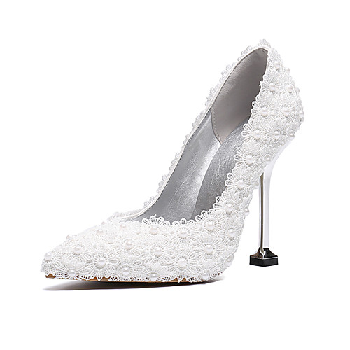 

Women's Wedding Shoes Kitten Heel Pointed Toe Wedding Pumps Business Sexy Minimalism Wedding Party & Evening PU Pearl Lace Solid Colored White