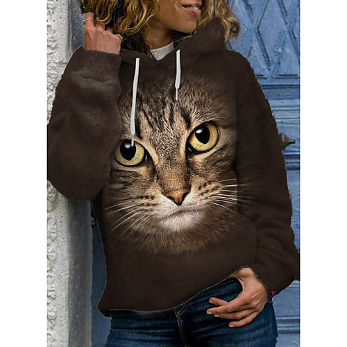 

Women's Hoodie Pullover Cat Graphic 3D Front Pocket Print Daily 3D Print Basic Casual Hoodies Sweatshirts Brown