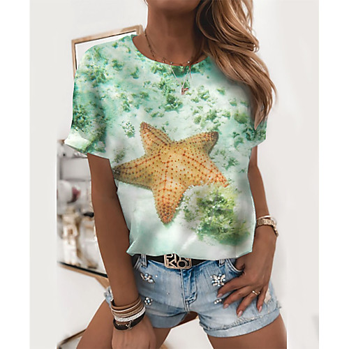 

Women's T shirt Graphic Print Round Neck Tops Basic Basic Top Green
