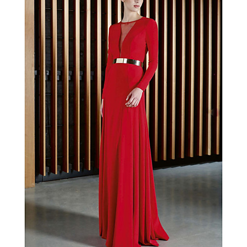 

Sheath / Column Beautiful Back Sexy Wedding Guest Formal Evening Dress Jewel Neck Long Sleeve Floor Length Stretch Fabric with Sash / Ribbon 2021