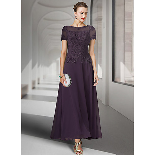 

A-Line Mother of the Bride Dress Elegant Jewel Neck Ankle Length Chiffon Lace Short Sleeve with Pleats Appliques 2021