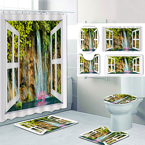 

Bathroom Shower Curtain & Mat Set Classic Polyester Waterproof