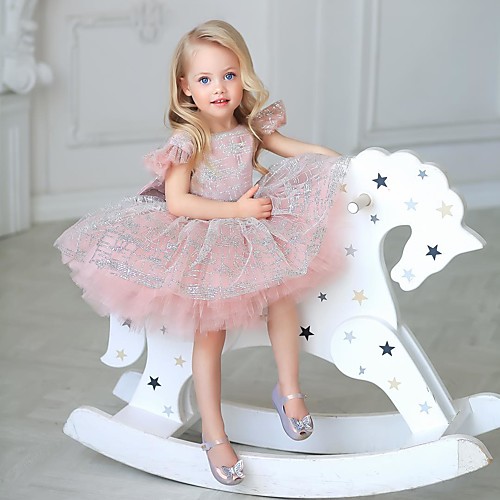 

Princess Short / Mini Flower Girl Dresses Party Tulle Short Sleeve Jewel Neck with Tiered