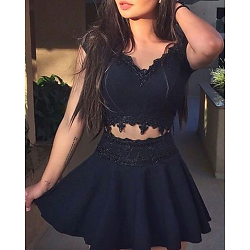 

A-Line Cut Out Flirty Homecoming Cocktail Party Dress V Neck Short Sleeve Short / Mini Lace Satin with Pleats 2021