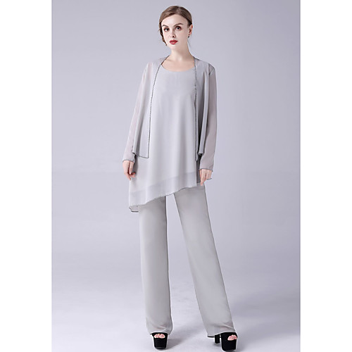 

Two Piece Jumpsuits Mother of the Bride Dress Elegant Sweet Scoop Neck Floor Length Chiffon Sleeveless with Beading 2021