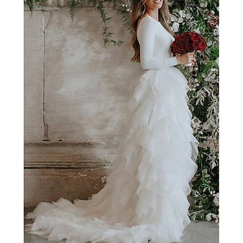

Princess A-Line Wedding Dresses Jewel Neck Sweep / Brush Train Tulle Stretch Fabric Long Sleeve Country Romantic with Cascading Ruffles 2021