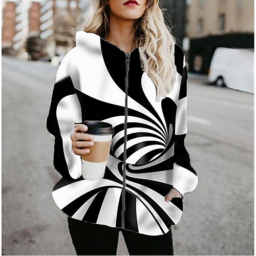 

Women's Hoodied Jacket Sports Spring & Fall Regular Coat Regular Fit Active Streetwear Jacket Long Sleeve Striped Patchwork Black / Going out / Print