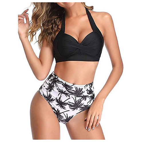

Women's Bikini 2 Piece Swimsuit High Waist Push Up Geometric Wave dot red Green Black Swimwear Bathing Suits New Fashion Vintage / Padded Bras / Beach