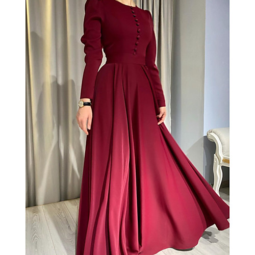 

A-Line Minimalist Elegant Wedding Guest Formal Evening Dress Jewel Neck Long Sleeve Floor Length Stretch Satin with Buttons Pleats 2021