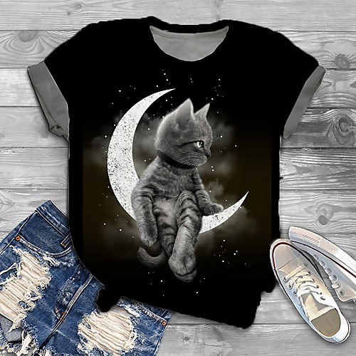 

Women's Plus Size Tops T shirt Cat Graphic 3D Print Short Sleeve Round Neck Black Big Size XL XXL 3XL 4XL 5XL