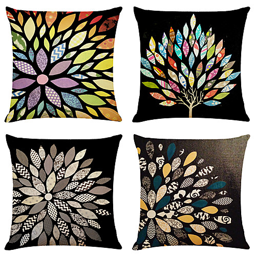 

4 pcs Faux Linen Pillow Cover, Floral&Plants Simple Classic Square Zipper Traditional Classic